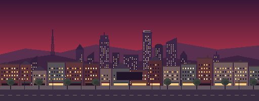Midtown at dusk: brick buildings with lit windows, towers against a red sky, and a clock sign on the street.